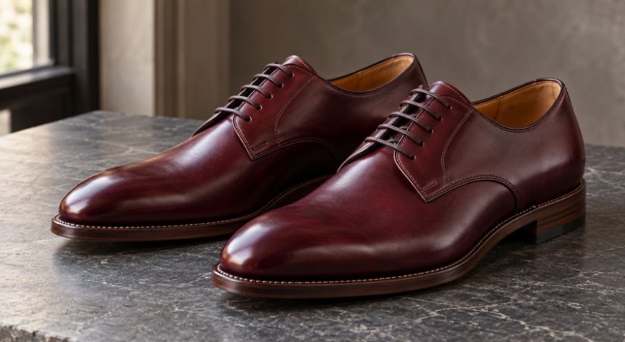Mens Burgundy Leather Dress Shoes Plain Toe Derby The Field Guide
