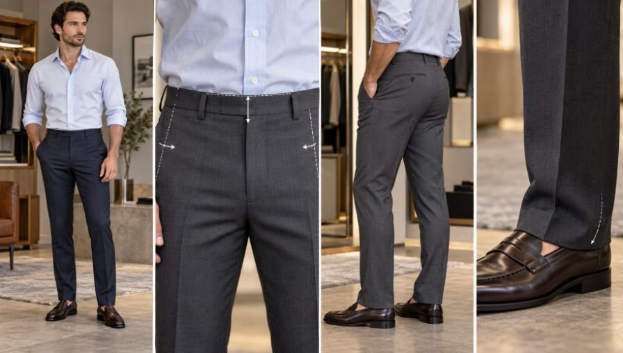 Learn how men's dress pants should fit at the waist, seat, thighs and hem, plus simple tests for choosing the right rise, taper and break.